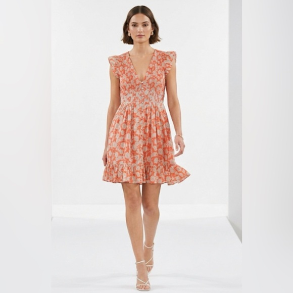 Anthropologie Dresses & Skirts - Anthropologie Ruffle Sleeve Smocked Midi Dress Orange Floral Button Front XXS